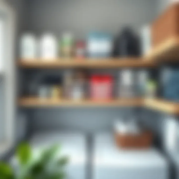 Organized laundry supplies on floating shelves