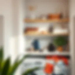 Stylish floating shelves above a laundry area