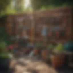 A well-organized backyard with neatly arranged gardening tools