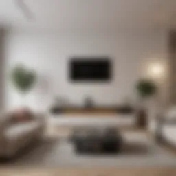 A minimalist living room featuring neutral tones and simple furniture