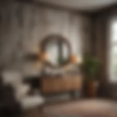 Stylish installation of wallpaper with rustic decor elements