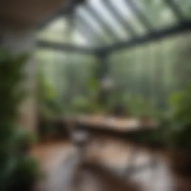 Serene Workspace with Nature Stylish work desk set up in a serene sunroom office environment with greenery.