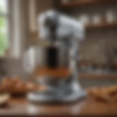 Stand Mixer Attachments and Features Close-up of a stand mixer with various attachments displayed