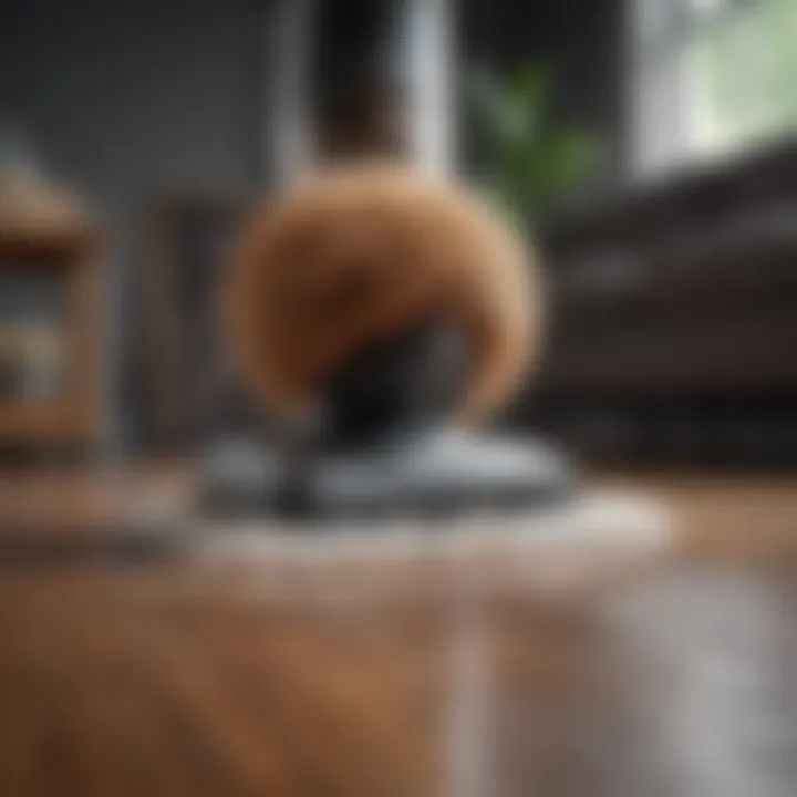 Close-up of powerful suction technology in action, effectively lifting pet hair from hardwood.