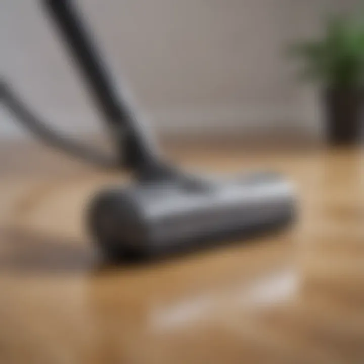 Close-up of cordless vacuum cleaner's suction capability demonstrated on various surfaces