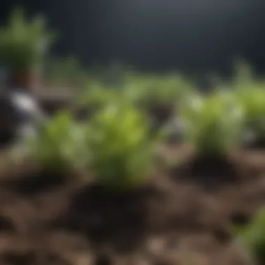 A lush spring garden with various seedlings emerging from the soil