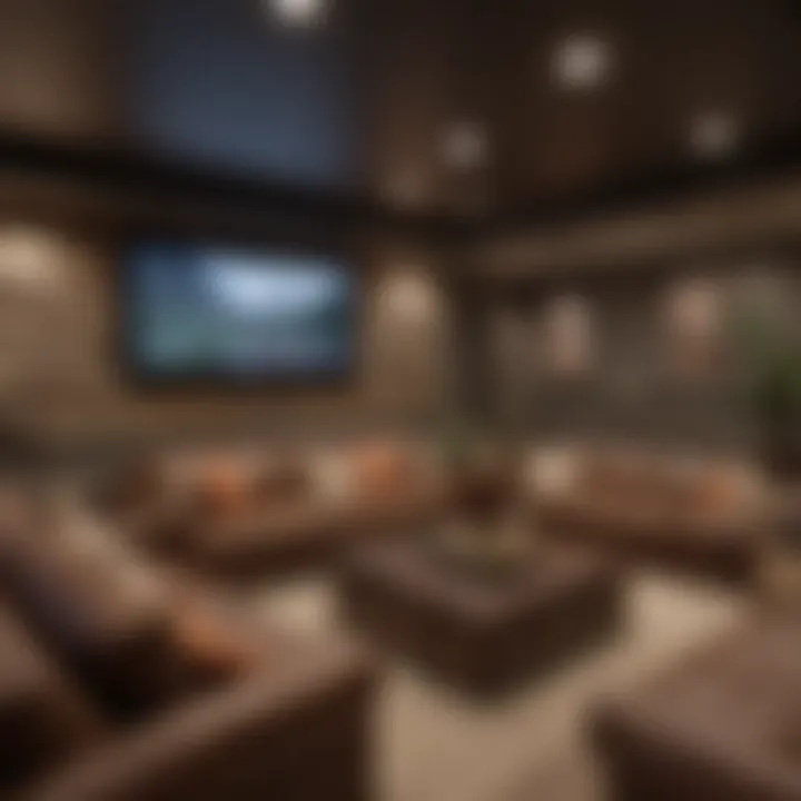 An inviting basement entertainment room with cozy seating and a large screen