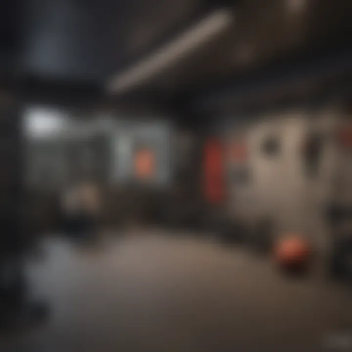 A well-organized basement gym featuring innovative storage solutions