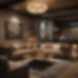 A stylish basement lounge area with modern furnishings and ambient lighting