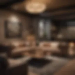 A stylish basement lounge area with modern furnishings and ambient lighting