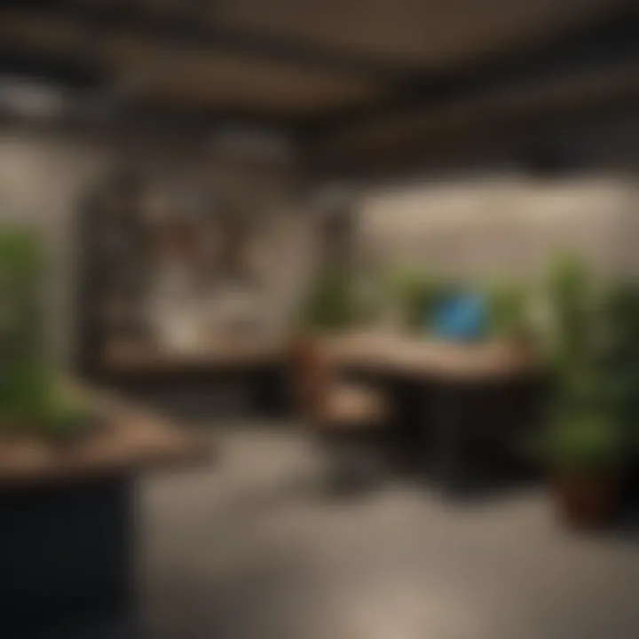 A multifunctional basement workspace incorporating ergonomic design elements