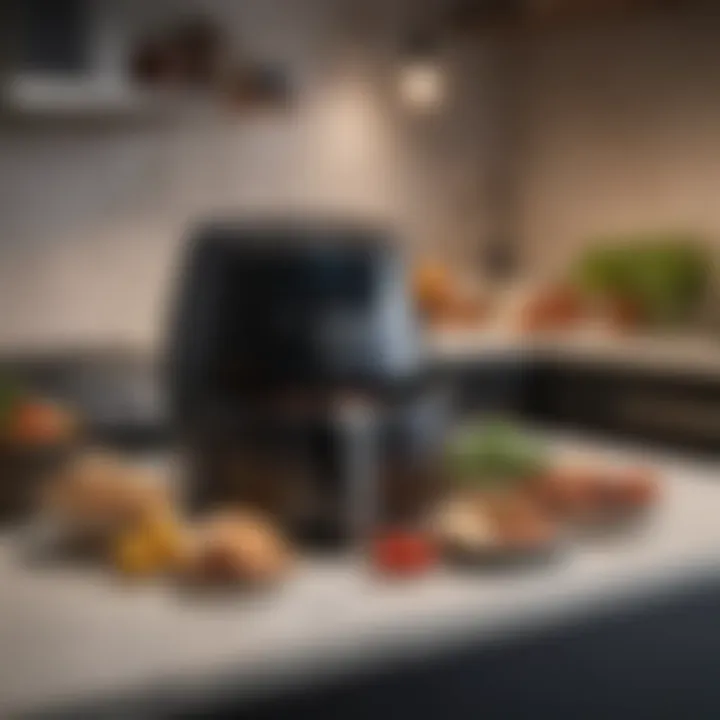 Elegant air fryer setup on a kitchen countertop with fresh ingredients