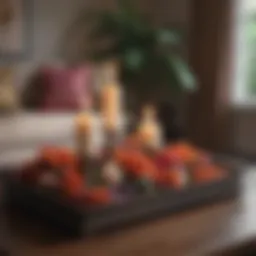 Elegant ottoman tray with candles and decorative flowers