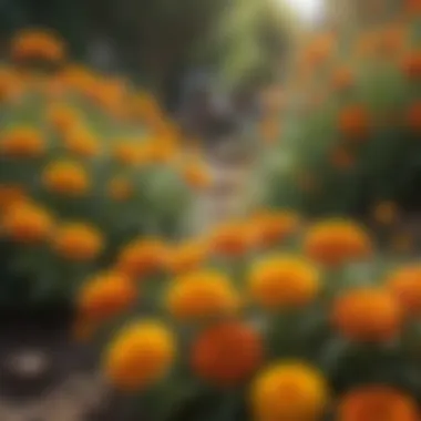 Marigolds: Colorful Insect Deterrents A garden filled with marigold flowers, celebrated for their bright colors and insect-repelling qualities.