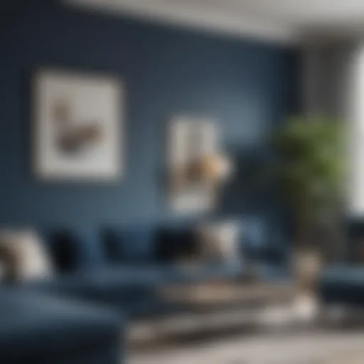 Elegant living room with a deep blue accent wall