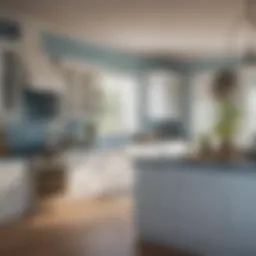 A serene kitchen featuring white cabinets paired with soft blue accents.