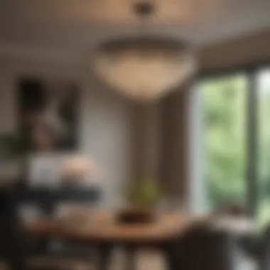 Stylish Round Chandelier in Cozy Dining Space Stylish round chandelier illuminating a cozy dining area