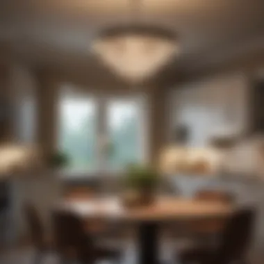 Elegant Round Chandelier in Kitchen Setting Elegant round chandelier casting warm light over a kitchen table