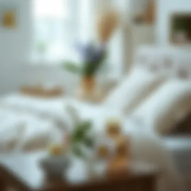 Serene Bedroom with Delicate Floral Accents A serene bedroom adorned with delicate scented flowers on a bedside table