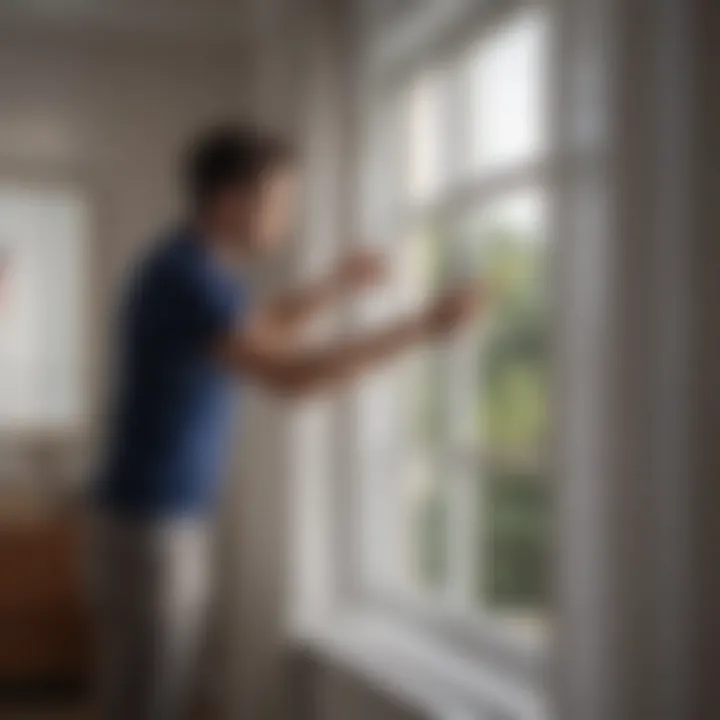 A person measuring window for curtain installation