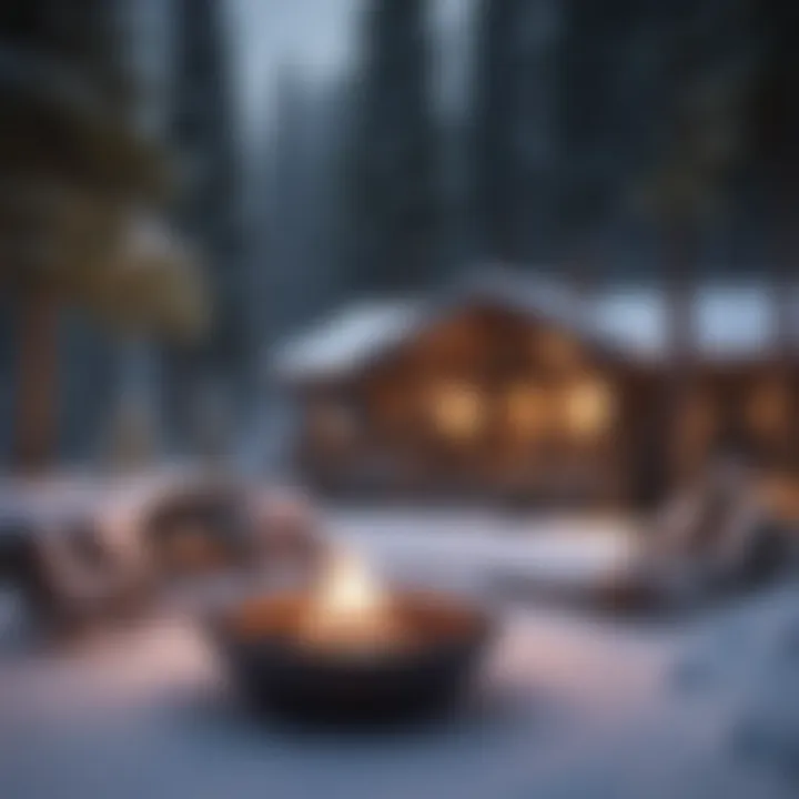 Outdoor patio with fire pit and comfortable seating in a snowy setting