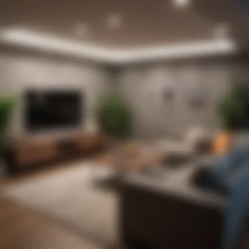 Elegant small basement living area with optimized furniture arrangement