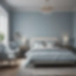 A serene bedroom featuring soft blue and white hues