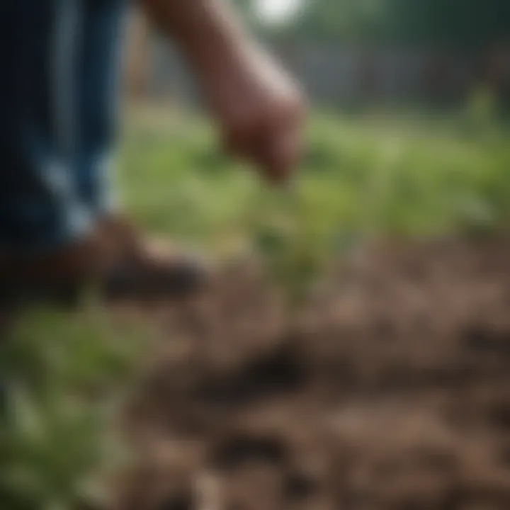 A close-up of a person manually removing weeds from soil with precision