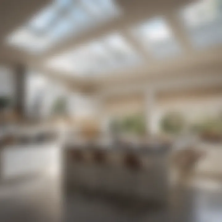 Modern kitchen with skylights and minimal window treatments