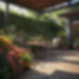 A lush patio surrounded by flowering plants