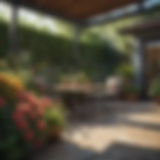 A lush patio surrounded by flowering plants