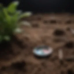 Close-up view of soil with pH testing kit