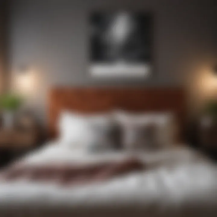 A cozy bedroom with a headboard-less bed adorned with decorative pillows and a quilt.