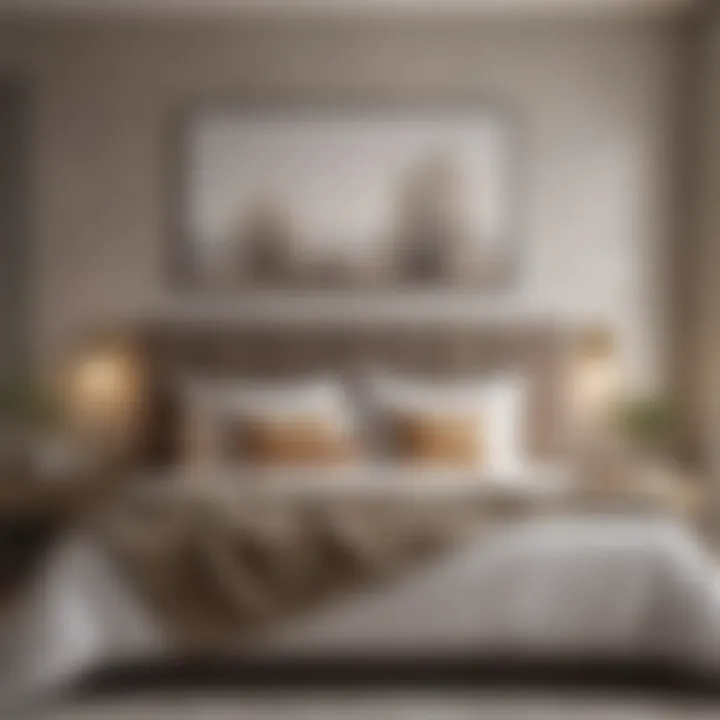 An elegant bedroom featuring a headboard-free bed with unique wall art creating a focal point.