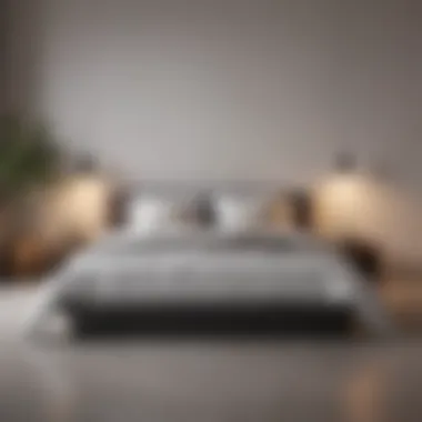 A minimalist bedroom featuring a bed without a headboard, showcasing a sleek design.