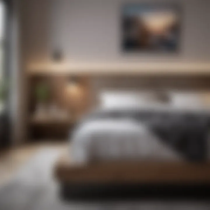 A modern bedroom showcasing a bed without a headboard, complemented by stylish nightstands.