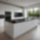 Elegant white kitchen with striking black countertops showcasing a modern aesthetic