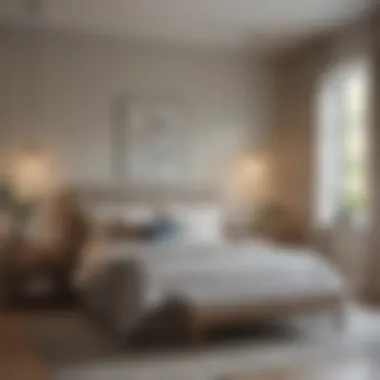 A serene bedroom designed with soothing colors and sustainable furnishings for a calming atmosphere.