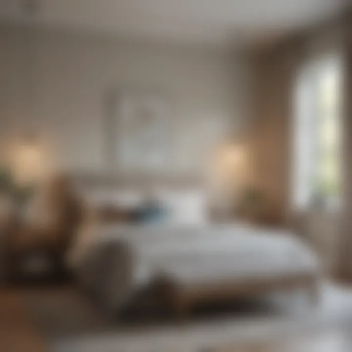 A serene bedroom designed with soothing colors and sustainable furnishings for a calming atmosphere.