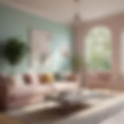 A serene living room adorned in soft pastel colors