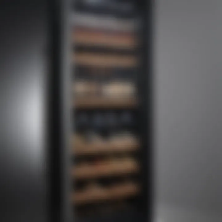 Close-up of a slim wine fridge showcasing its organized storage.