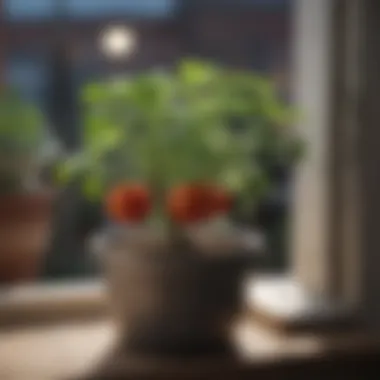 Tomato Plant Flourishing in Limited Space Close-up of a tomato plant thriving in a pot