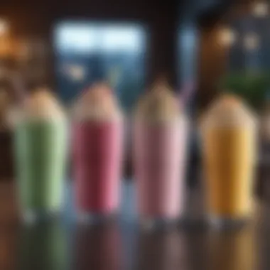 Creative Milkshake Variations Different flavor variations of milkshakes in colorful cups.