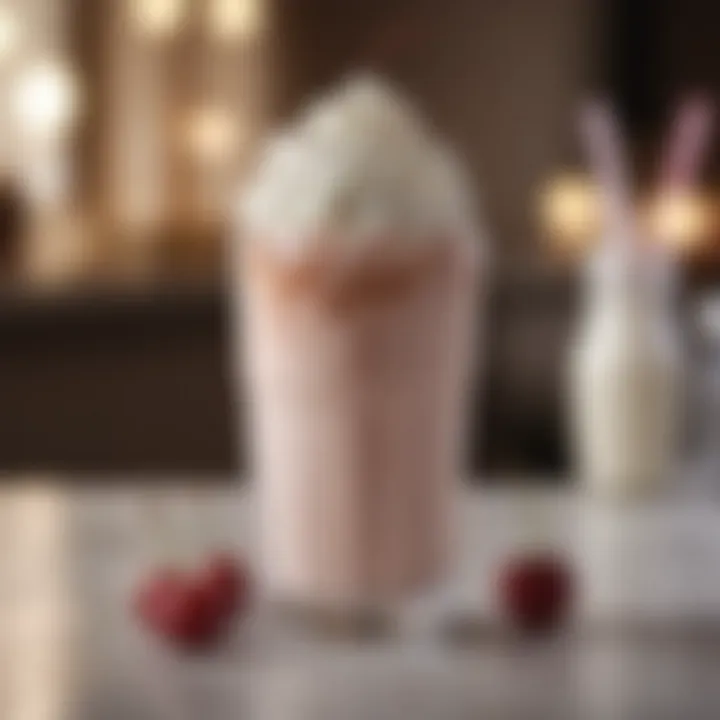 A luscious milkshake topped with whipped cream and a cherry.