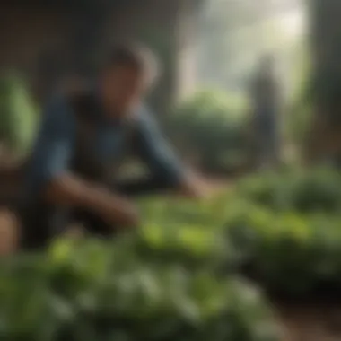 A gardener inspecting lettuce for optimal harvest timing