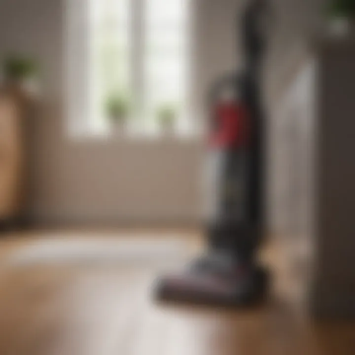 Demonstrating versatility of an upright vacuum in various cleaning scenarios