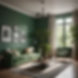 Stylish living room with green painted walls and natural light