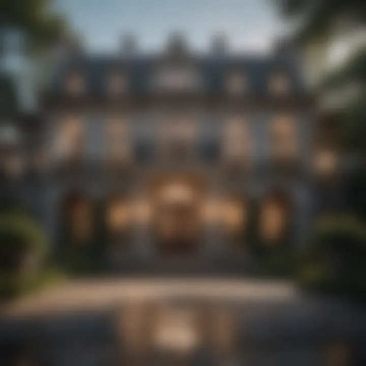 Exterior view of the luxurious mansion showcasing its elaborate architecture