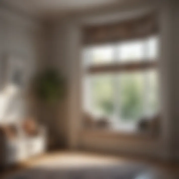 Stylish bay window adorned with patterned Roman blinds