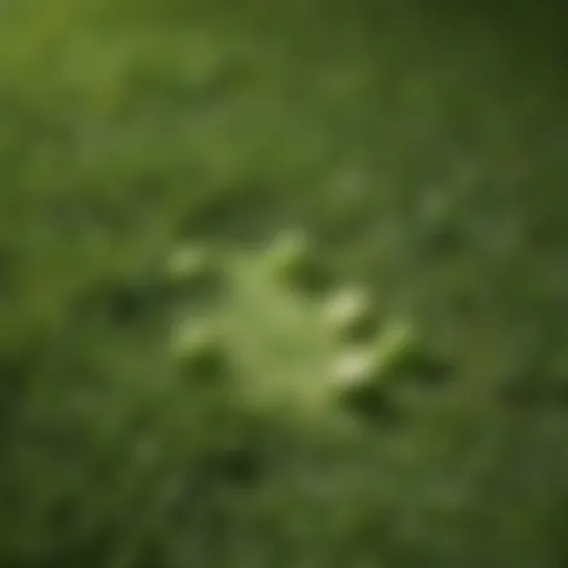 A close-up view of lime granules spread on a lush lawn